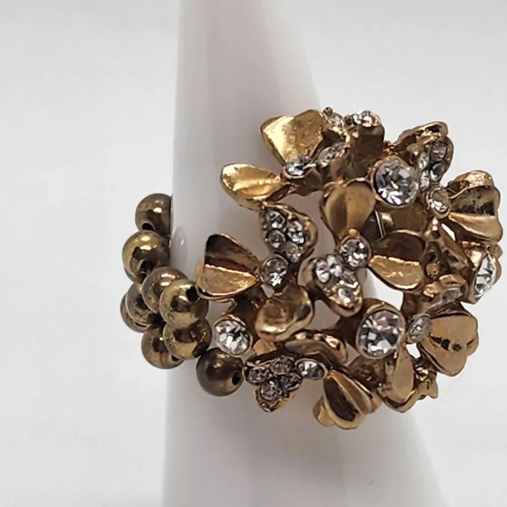 Roman Gold Tone & Clear Rhinestone Flower Cluster Stretchy Ring